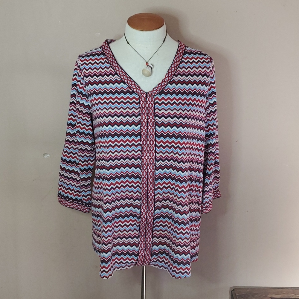 Kim Rogers patriotic 3/4 length sleeve blouse Lg